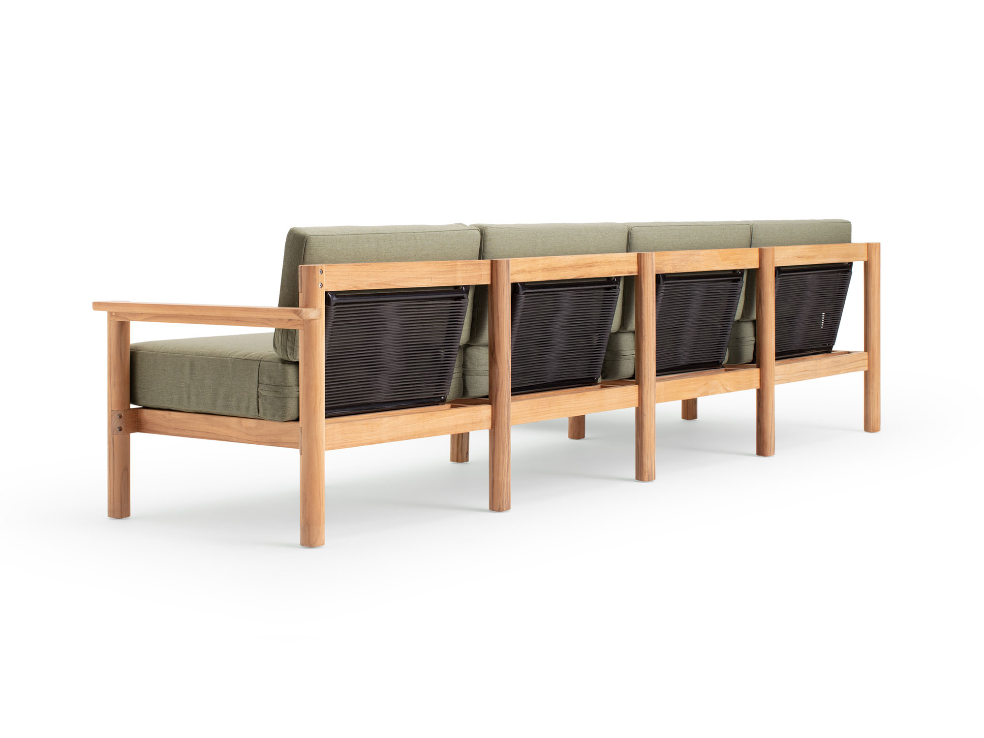 Back angle view of 5-piece outdoor sofa with green cushions